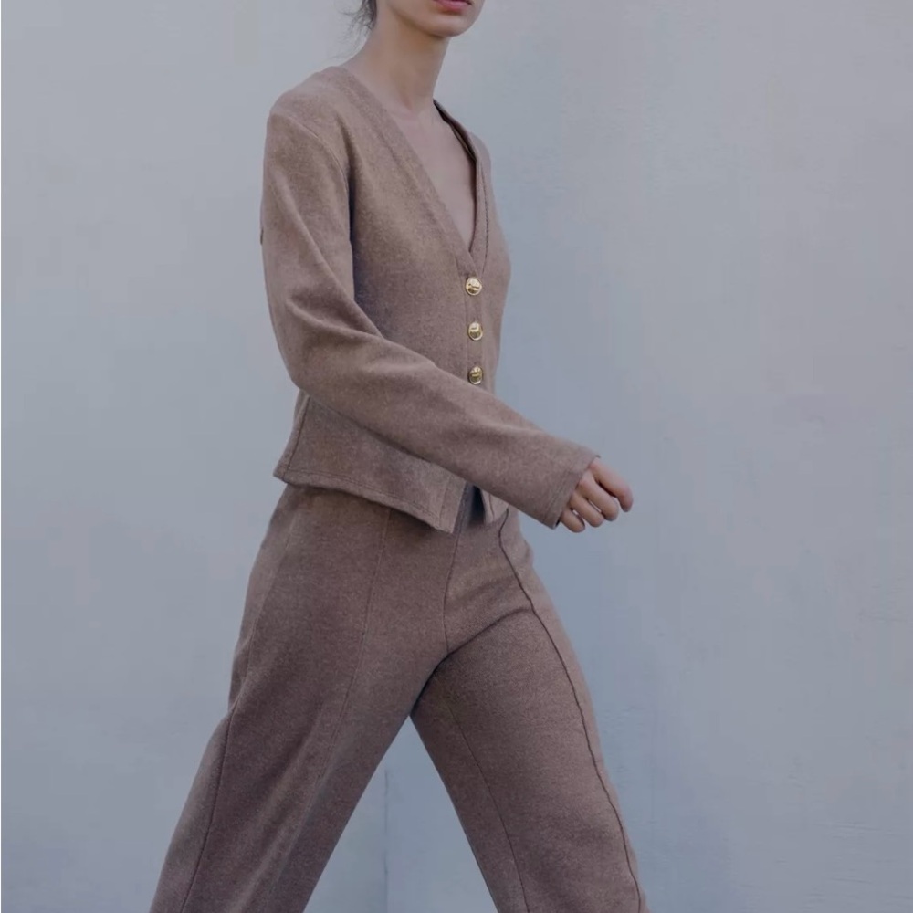 Zara Soft Knit Button Cardigan and Palazzo Pans Set, Mocha, Size L